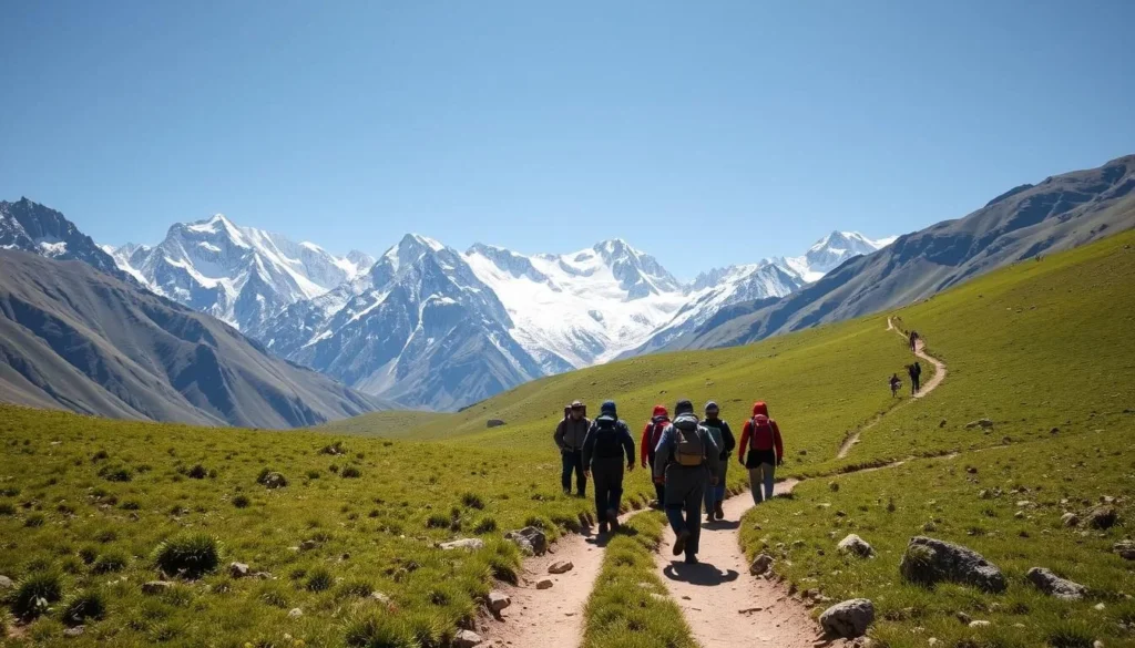Trekking in Hunza Valley with mountain views and green meadows