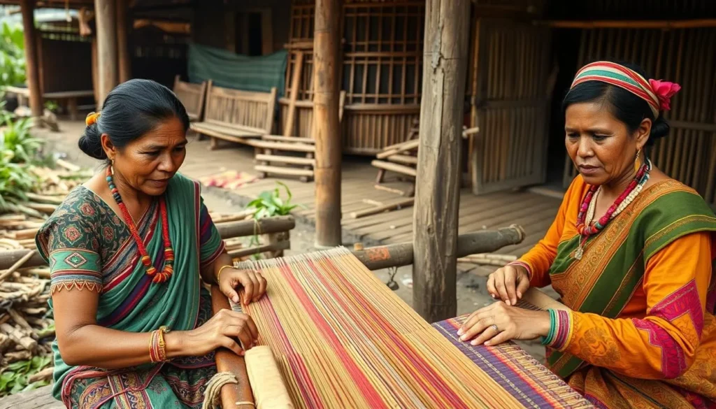 Tribal women weaving traditional textiles using traditional looms in a village in Chittagong Hill Tracts