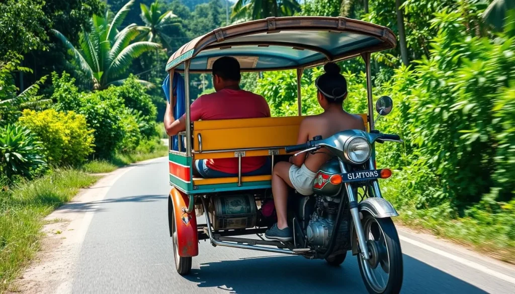 Tricycle transportation on Olango Island, Philippines with passengers