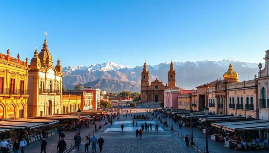 Trujillo, a vibrant coastal city in northern Peru, bathed in warm, golden sunlight. Majestic colonial architecture lines the bustling plazas, with colorful markets and lively cafes. In the foreground, pedestrians stroll along cobblestone streets, while in the middle ground, historic churches and municipal buildings stand tall. The backdrop features the towering Andes mountains, their snow-capped peaks cutting a dramatic silhouette against the azure sky. A sense of timeless elegance and cultural richness permeates the scene, inviting the viewer to discover the captivating essence of Trujillo, Peru's northern gem.