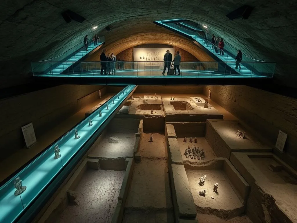 Underground exhibition hall at Hanyangling Museum showing terracotta figurines
