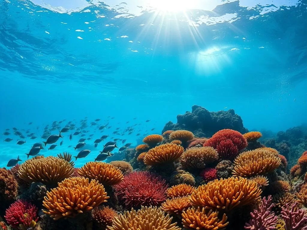 Underwater scene at Pescador Island showing clear visibility and colorful coral reef