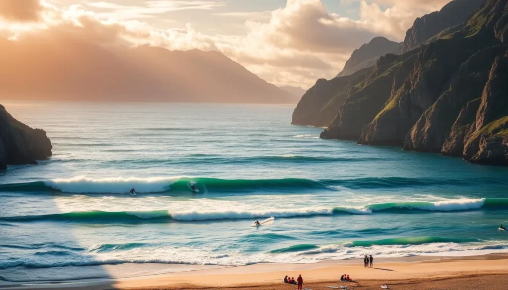 Unstad Beach, Nordland, Norway. Pristine white sand and turquoise waves crash against rugged cliffs. Surfers glide effortlessly through the swells, silhouetted against the backdrop of the dramatic mountainous landscape. Warm, golden sunlight filters through wispy clouds, casting a soft glow over the serene scene. In the middle ground, colorful surfboards and beachgoers dot the shoreline, enjoying the idyllic coastal paradise. Capture the beauty and tranquility of this picturesque Norwegian beach, perfect for showcasing the thrilling water activities of Nordland's stunning coastline.
