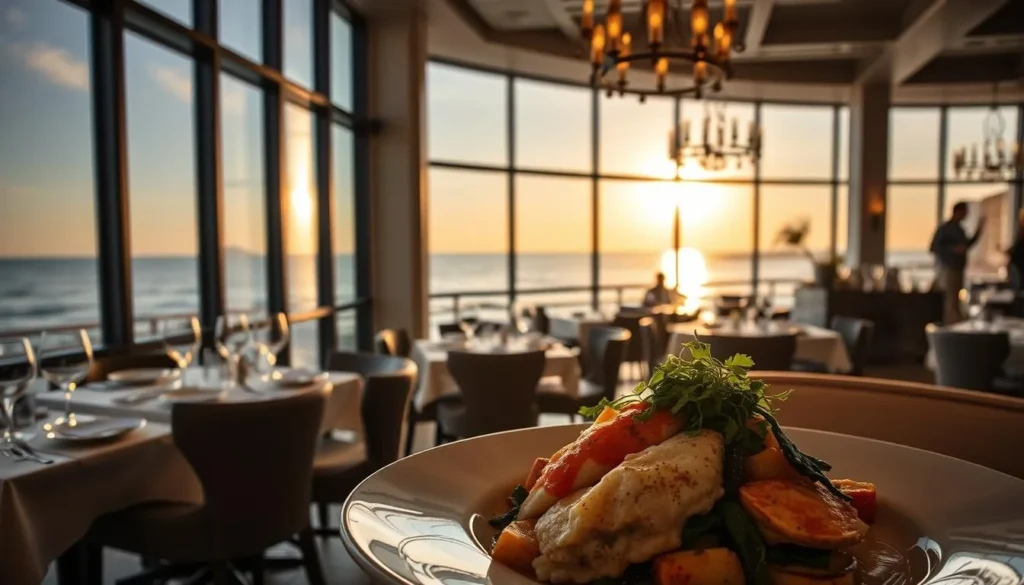 Upscale restaurant in Manhattan Beach with ocean views and elegant plated food Upscale restaurant in Manhattan Beach with ocean views and elegant plated food