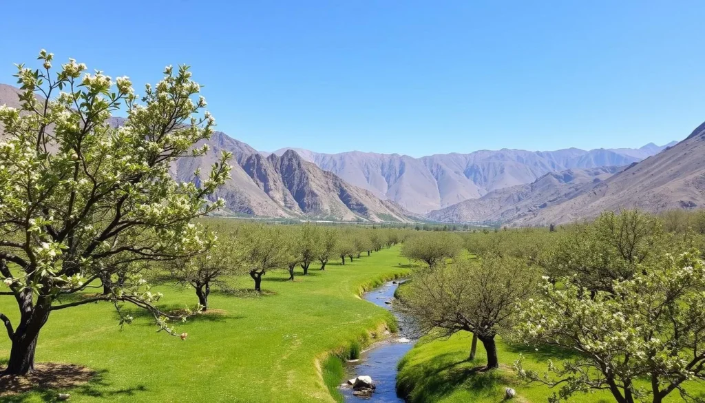 Urak Valley's fruit orchards with blooming trees and mountain backdrop