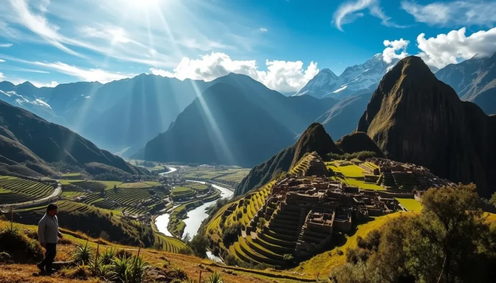 Urubamba Sacred Valley, Peru: Majestic snow-capped peaks rise above lush terraced farmlands, ancient Inca ruins, and winding rivers. Sunlight filters through wispy clouds, casting a warm glow over the verdant landscape. In the foreground, traditional Quechua farmers tend to their crops, while in the middle ground, the iconic ruins of Ollantaytambo stand tall, a testament to the region's rich cultural heritage. The background is dominated by the dramatic Andean mountains, their jagged silhouettes cutting against the azure sky. Capture the timeless beauty and tranquility of this sacred valley, a place where the past and present coexist in perfect harmony.