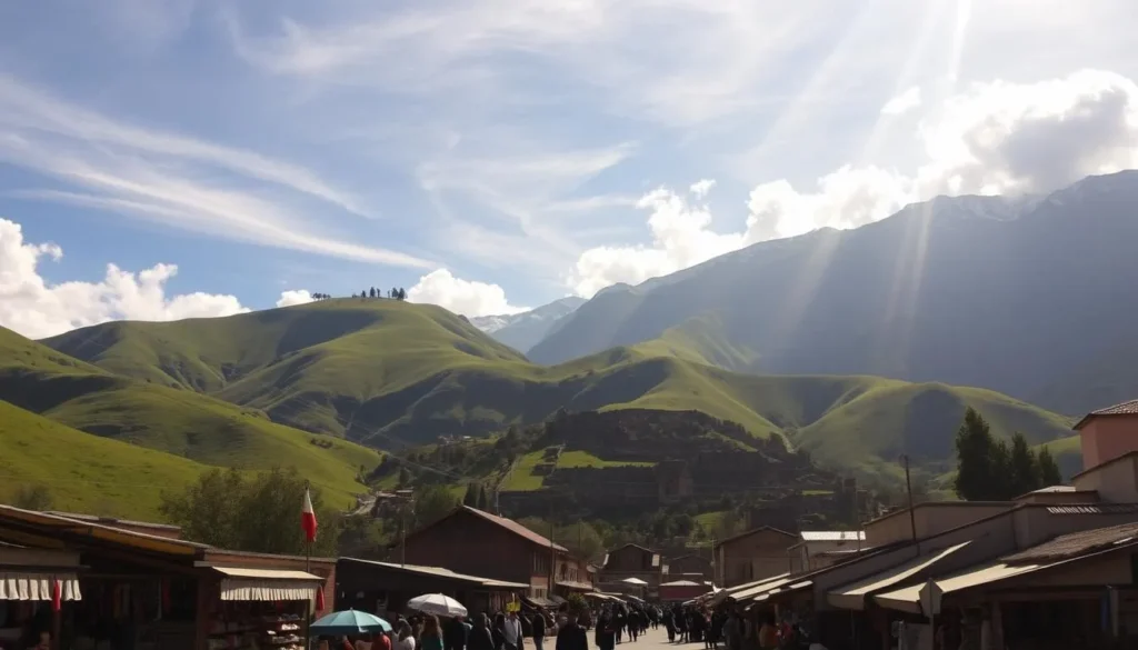 Urubamba, a picturesque Andean town in Peru, basking in a warm, temperate climate. Rolling green hills and snow-capped peaks frame the serene landscape, bathed in golden sunlight filtering through wispy clouds. In the foreground, a vibrant marketplace bustles with local artisans and vendors, their colorful wares and friendly faces inviting exploration. The middle ground showcases the iconic Inca ruins of Ollantaytambo, a testament to the region's rich cultural heritage. Capture the tranquil atmosphere, the interplay of light and shadow, and the harmonious blend of natural and man-made elements that make Urubamba a must-visit destination.