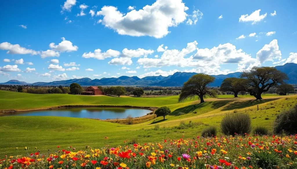 Uruguay spring landscapes, with verdant rolling hills and vibrant wildflowers in the foreground. A tranquil lake reflects the azure sky, dotted with fluffy white clouds. In the middle ground, picturesque adobe houses and ancient oak trees add a timeless charm. The background features the silhouettes of distant, rugged mountains, their peaks bathed in warm, golden sunlight. Capture this scene with a wide-angle lens to convey a sense of expansive, breathtaking vistas. Imbue the image with a serene, peaceful atmosphere, inviting the viewer to imagine strolling through this idyllic Uruguayan springtime countryside.