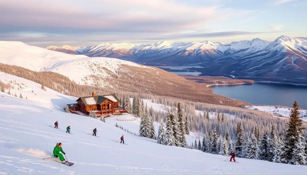 Vail mountain in the height of its seasonal splendor, a stunning panorama of snow-capped peaks and lush alpine meadows. In the foreground, skiers gracefully carve through powdery slopes, their colorful attire contrasting against the crisp, white backdrop. The middle ground reveals a cozy ski lodge, its warm, inviting lights beckoning weary adventurers. In the distance, a serene lake reflects the towering mountains, their rugged silhouettes painted in soft, golden hues by the setting sun. The overall scene exudes a sense of tranquility and wonder, capturing the essence of Vail's breathtaking natural beauty across the changing seasons.