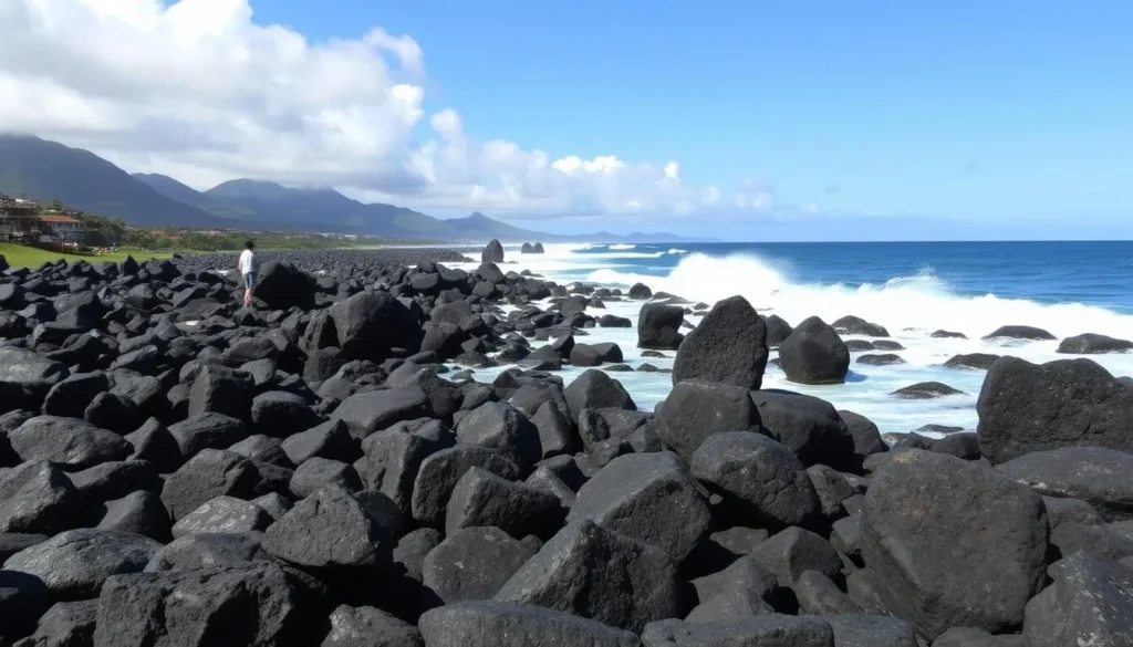 Valugan Boulder Beach with large volcanic rocks and waves