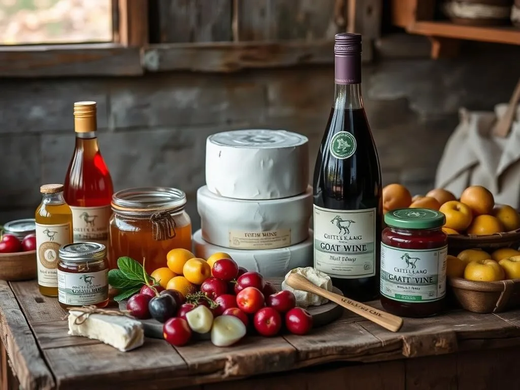 Variety of organic products from Chitlang including cheese, wine, and honey