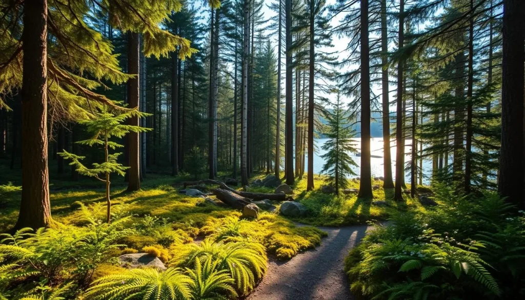 Varmdo Island forest, a lush and tranquil oasis in Sweden's picturesque archipelago. Sunlight filters through the canopy of towering pines, casting a warm glow on the mossy undergrowth. In the foreground, a winding path invites exploration, flanked by vibrant ferns and wildflowers. Further back, ancient birch trees stand tall, their silvery trunks contrasting with the deep green foliage. The middle ground is dotted with boulders and fallen logs, creating a sense of timeless natural harmony. In the distance, a glistening lake reflects the surrounding forest, its calm waters mirroring the serene atmosphere. A gentle breeze rustles the leaves, adding a soothing soundtrack to this idyllic scene. Capture the essence of Varmdo Island's natural beauty with a wide-angle lens, showcasing the depth and richness of this enchanting woodland.