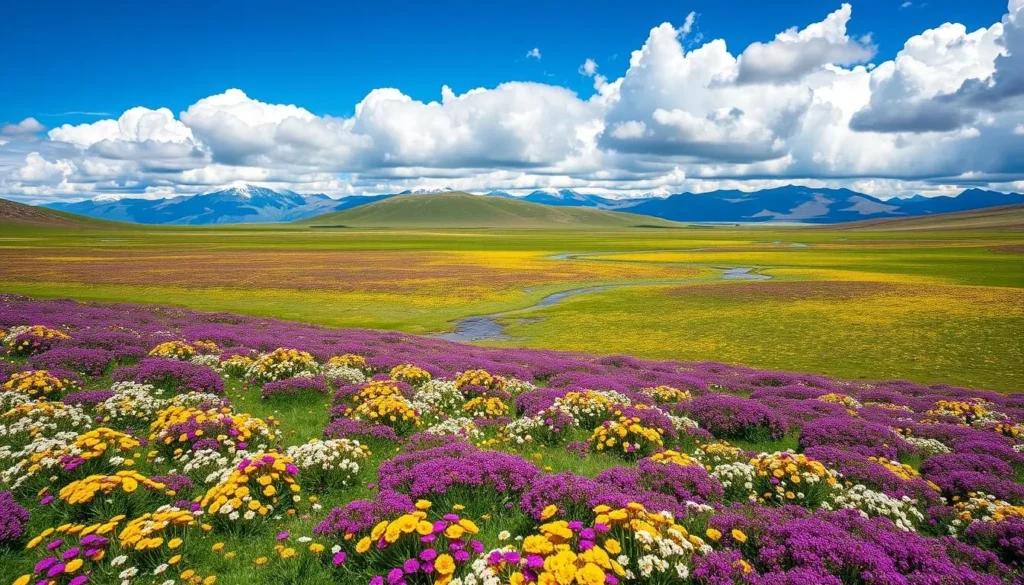 Vast flowering meadows of Deosai National Park with mountains in the background and clear blue sky