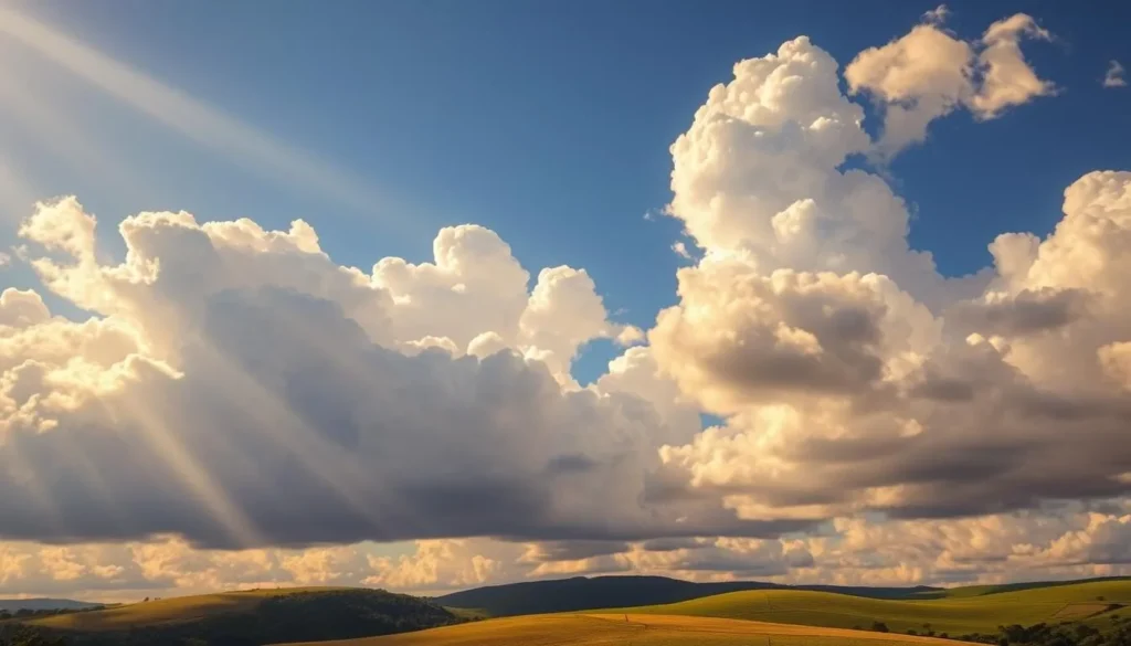Vast, fluffy cumulus clouds drift across a brilliantly blue sky, casting gentle shadows on the lush, rolling landscape below. Rays of warm, golden sunlight filter through the cloud cover, illuminating the vibrant greens and golds of the pastoral scene. The composition features a balanced, serene perspective, with the clouds taking center stage and the earth below serving as a grounding, complementary element. The overall mood is one of tranquility and natural beauty, evoking a sense of the picturesque Uruguayan countryside on a perfect summer day.