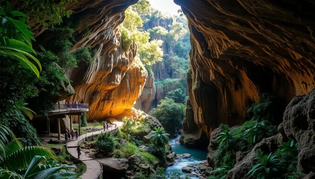 Vast limestone caverns, carved by the Peruaçu River, wind through lush tropical foliage in the Cavernas do Peruaçu National Park. Sunlight filters through the forest canopy, casting warm, golden hues on the rugged rock formations. Hikers explore winding trails, marveling at towering stalactites and stalagmites, natural bridges, and crystalline pools. In the distance, the sound of rushing water echoes, inviting visitors to discover the park's hidden waterfalls and serene swimming holes. An idyllic, pristine landscape, a true natural wonder waiting to be explored.
