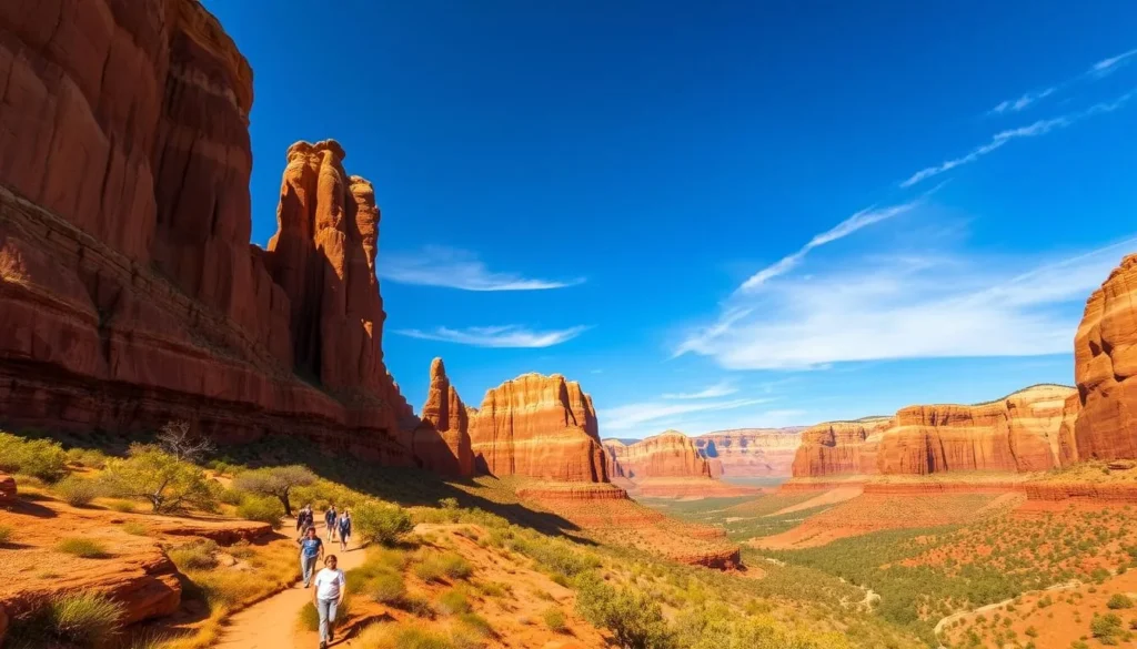 Vast, towering sandstone cliffs rise majestically against a clear blue sky, their vibrant hues of vermilion and ochre contrasting starkly with the lush greenery of the Paria Canyon below. Hikers traverse the winding trails, marveling at the dramatic rock formations sculpted by wind and water over eons. Sunlight filters through wispy clouds, casting warm, golden tones across the sweeping landscape. Capture the rugged, awe-inspiring beauty of the Paria Canyon-Vermilion Cliffs Wilderness, a true natural wonder of the American Southwest.