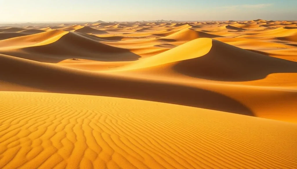 Vast, undulating sand dunes of Medanos de Coro National Park, Venezuela, stretching under a bright, cloudless sky. Warm, golden light bathes the landscape, casting long, dramatic shadows. In the foreground, delicate ripples pattern the fine, golden sand, hinting at the constant, gentle winds that sculpt this otherworldly terrain. The middle ground reveals towering, organic dune forms, their slopes gently curving as they rise towards the horizon. Distant dunes fade into the hazy blue of the background, creating a sense of depth and scale. The scene evokes a timeless, serene beauty, highlighting the unique geological wonders of this remarkable natural wonder.