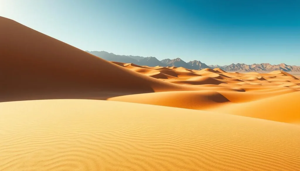 Vast, undulating sand dunes stretch out as far as the eye can see, their gentle slopes bathed in warm, golden sunlight. In the foreground, fine grains of sand shift and flow, creating mesmerizing patterns against the cloudless azure sky. Towering peaks rise up in the distance, their summits casting long shadows across the landscape. A sense of serene tranquility pervades the scene, inviting the viewer to explore and discover the hidden beauty of this captivating desert oasis. Capture the essence of this majestic natural wonder with a wide-angle lens, showcasing the breathtaking panoramic vistas that await those who venture into this enchanting sand-swept realm.