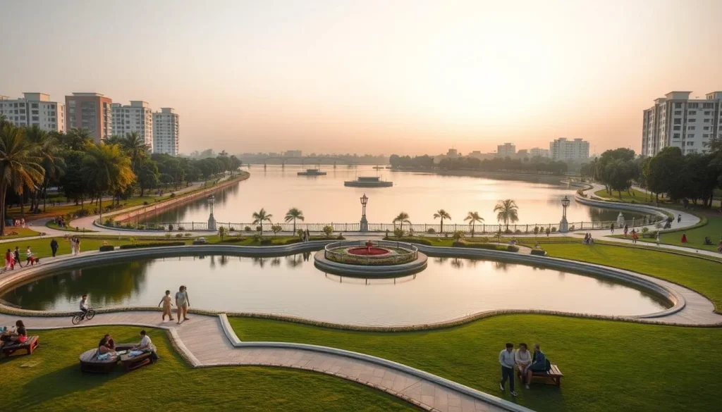 Vastrapur Lake in Ahmedabad showing the lake, surrounding gardens, and walking paths Vastrapur Lake in Ahmedabad showing the lake, surrounding gardens, and walking paths