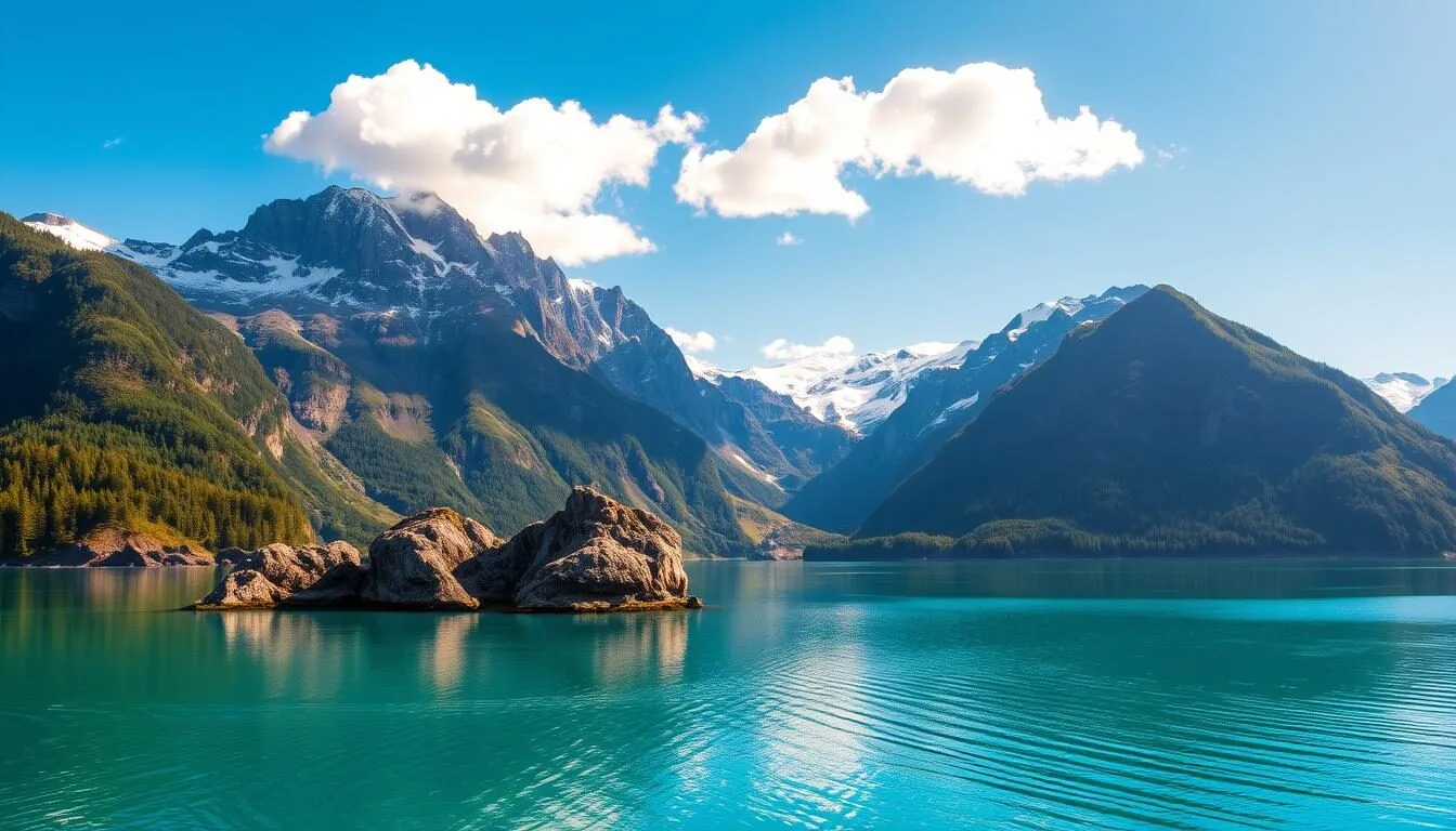 Vattis National Park, Norway: a breathtaking fjord landscape with towering, snow-capped mountains rising majestically in the background. Crystalline turquoise waters reflect the rugged cliffs and lush, verdant forests in the foreground. Warm sunlight dances across the serene scene, casting a warm, golden glow over the tranquil fjord. Dramatic rock formations jut out from the water's edge, complemented by the gentle ripples of the calm surface. Fluffy white clouds drift lazily in the bright blue sky, completing this picturesque and awe-inspiring natural wonder.