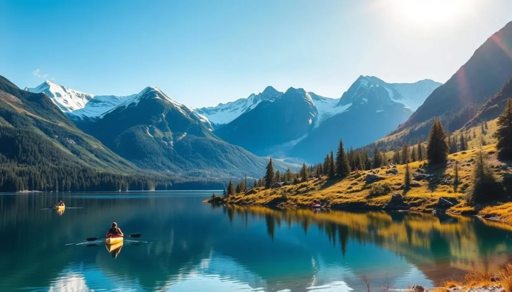 Vattis National Park, Norway, on a crisp, sunny day. Majestic mountains rise in the background, their peaks capped with snow. In the foreground, a crystalline lake reflects the tranquil scene, its still waters inviting visitors to kayak, swim, or simply admire the breathtaking landscape. Hikers traverse well-marked trails, exploring lush, verdant forests teeming with diverse flora and fauna. Mountain bikers carve through rugged terrain, while families picnic on the grassy banks, savoring the serene atmosphere. Dramatic lighting casts a warm, golden glow over the entire tableau, capturing the essence of this picturesque natural wonder.