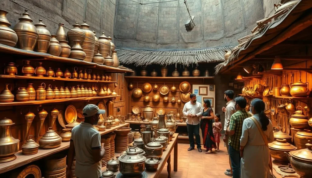 Vechaar Utensils Museum in Ahmedabad displaying traditional cooking vessels and household items from different eras Vechaar Utensils Museum in Ahmedabad displaying traditional cooking vessels and household items from different eras