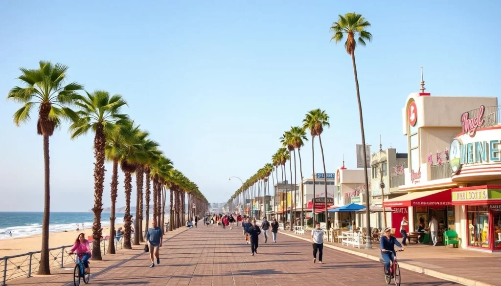 Venice Beach boardwalk near Marina del Rey with palm trees and ocean view, showing nearby attractions to Marina del Rey, California