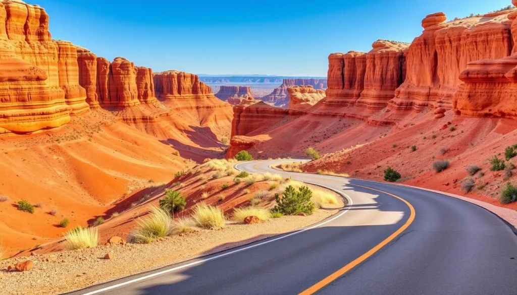 Vermilion Cliffs National Monument Scenic Drive: a winding road cutting through the vibrant sandstone formations, casting shadows on the undulating landscape. Towering crimson cliffs rise majestically on either side, their layered textures glowing under the warm desert sun. In the foreground, a curving asphalt path leads the viewer through this breathtaking natural wonder, with sparse vegetation dotting the rugged terrain. The middle ground showcases the diverse geological formations, their hues ranging from deep reds to subtle oranges and pinks. The background fades into a hazy blue sky, accentuating the grandeur of this awe-inspiring Arizona landmark.