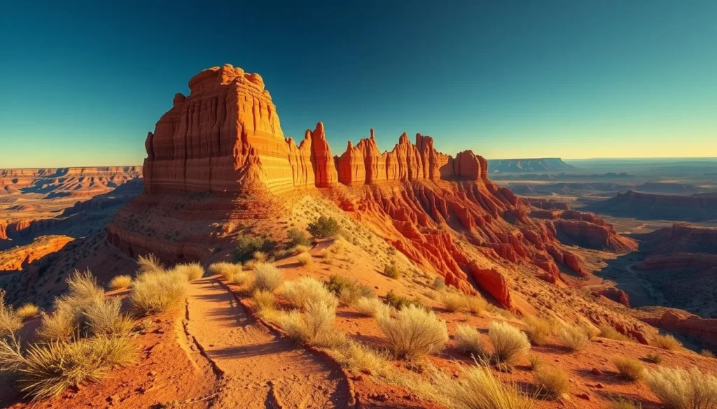 Vermilion Cliffs National Monument, a hidden gem of northern Arizona, stands tall with its striking red sandstone formations that glow under the warm afternoon sun. In the foreground, a winding path leads visitors through the rugged terrain, inviting them to explore the intricate rock formations up close. The middle ground showcases the iconic Vermilion Cliffs, their jagged edges and vibrant hues creating a breathtaking panorama. In the distance, the vast, blue sky stretches endlessly, accentuating the vastness and solitude of this natural wonder. Capture the essence of this untamed landscape with a cinematic, wide-angle lens, showcasing the grandeur and the serene atmosphere of this remarkable destination.