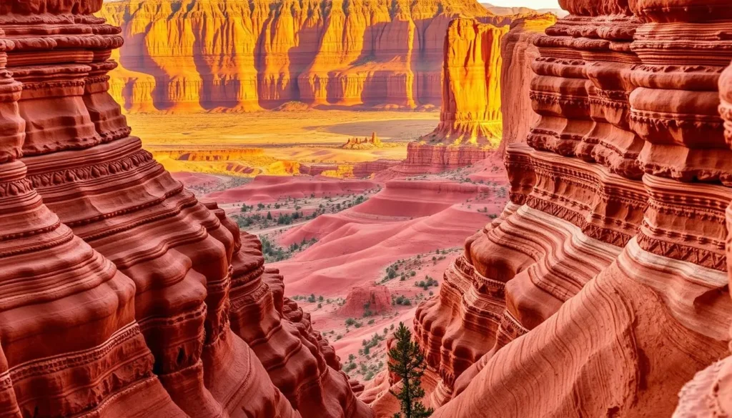 Vermilion Cliffs, a geological masterpiece in Arizona, with majestic sandstone formations carved by the elements over millennia. Capture the foreground with intricate rust-red hoodoos and striated layers, their textures and shadows creating a captivating interplay of light and dark. In the middle ground, rolling hills and plateaus in shades of ochre and crimson, dotted with hardy desert vegetation. The background showcases the grandeur of the Vermilion Cliffs, their towering, sculpted walls bathed in warm, golden sunlight, creating a breathtaking vista. Utilize a wide-angle lens to emphasize the scale and vastness of this natural wonder, conveying a sense of awe and wonder.