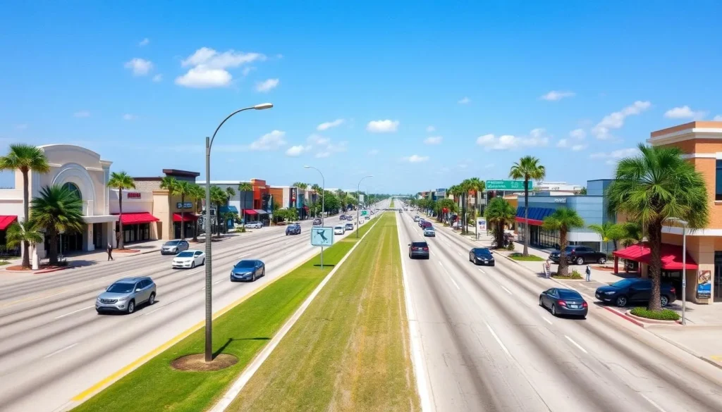 Veterans Memorial Boulevard in Metairie showing the six-lane road with shops and restaurants on a sunny day