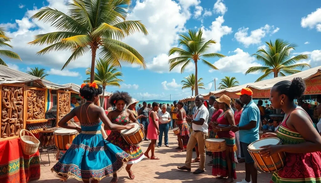 Vibrant Anguillian cultural festivities unfold on a sun-drenched day. In the foreground, local dancers sway to the rhythmic beats of steel drums, their colorful costumes swirling. Intricate wooden carvings and woven baskets line the booths of a bustling marketplace, while the aroma of spices and grilled seafood fills the air. In the middle ground, families gather, enjoying traditional music and lively conversation. Against a backdrop of palm trees and azure skies, the scene exudes a sense of joy, community, and the island's rich heritage.