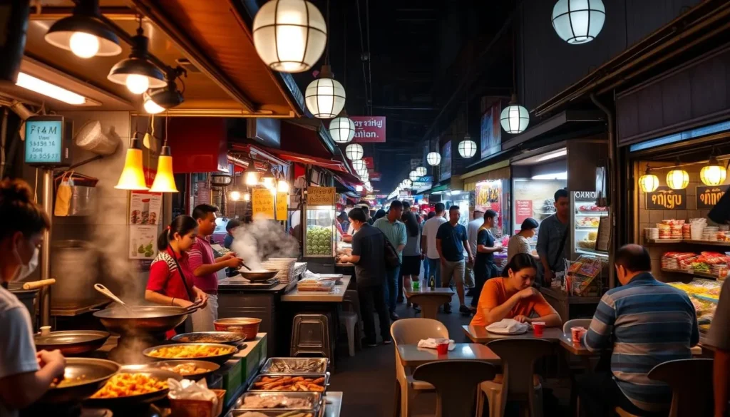 Vibrant Bangkok street food market with various food stalls and chefs cooking