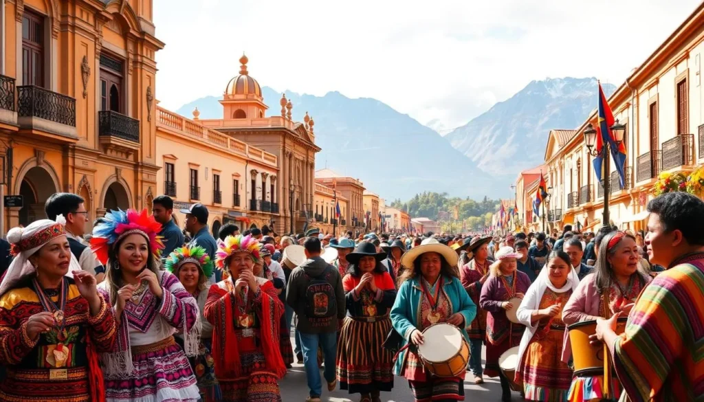 Vibrant Bolivian festival scene, bustling with colorful traditional attire, intricate weavings, and captivating musical performances. Crowds sway to the rhythmic beats of pan flutes and drums, amidst a backdrop of ornate colonial architecture and towering Andean peaks. Warm, natural lighting bathes the lively street, highlighting the joyous expressions and dynamic movements of the celebrants. Capture the essence of Bolivian cultural heritage and the festive atmosphere that draws visitors from around the world.