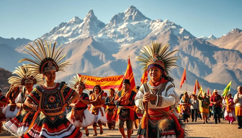 Vibrant Bolivian festivals: a lively display of traditional costumes, colorful parades, and joyful music. In the foreground, dancers in elaborate feathered headdresses and ornate textiles move to the rhythm of indigenous instruments. The middle ground showcases a procession of celebrants carrying vibrant banners and flags, their faces alight with excitement. In the background, towering Andean peaks provide a majestic natural backdrop, complementing the cultural spectacle. Warm, golden lighting illuminates the scene, capturing the festive atmosphere and cultural significance of these beloved Bolivian traditions.