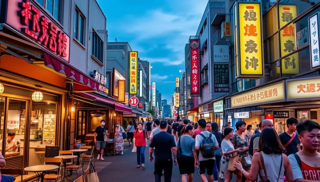 Vibrant Kokusai Street at evening with shops, restaurants and colorful signage Vibrant Kokusai Street at evening with shops, restaurants and colorful signage