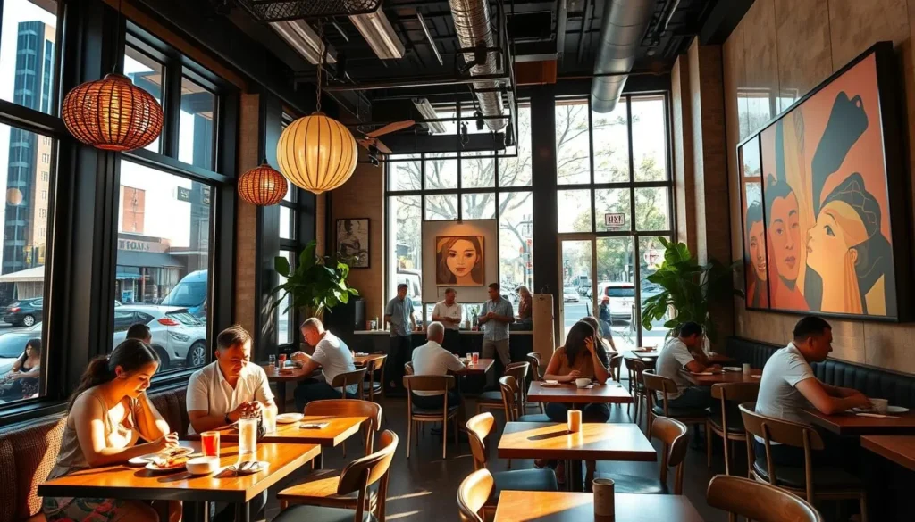 Vibrant Vietnamese eateries nestled amidst the bustling streets of Washington DC, beyond the famed Eden Center. Sunlight filters through large windows, illuminating sleek interiors with modern decor and intriguing artwork. Patrons savor fragrant pho, crisp spring rolls, and other tantalizing regional specialties. The aroma of sizzling woks and freshly brewed Vietnamese coffee permeates the air, creating a lively, authentic atmosphere. Capture the energy and diversity of these acclaimed establishments, showcasing their unique culinary offerings and welcoming ambiance through a cinematic, wide-angle perspective.