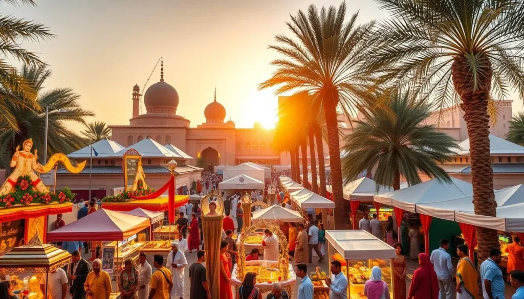 Vibrant and colorful Dubai festivals calendar showcasing a diverse array of cultural celebrations. Capture the bustling energy of lively outdoor events, with people gathering amidst traditional Arabian architecture and lush palm trees. Depict a sun-drenched scene, with warm lighting illuminating the festivities. Showcase various decorations, music performances, and vendors selling local crafts and cuisine. Emphasize the harmony of modernity and tradition, creating an immersive atmosphere that invites the viewer to experience the rich cultural tapestry of Dubai.