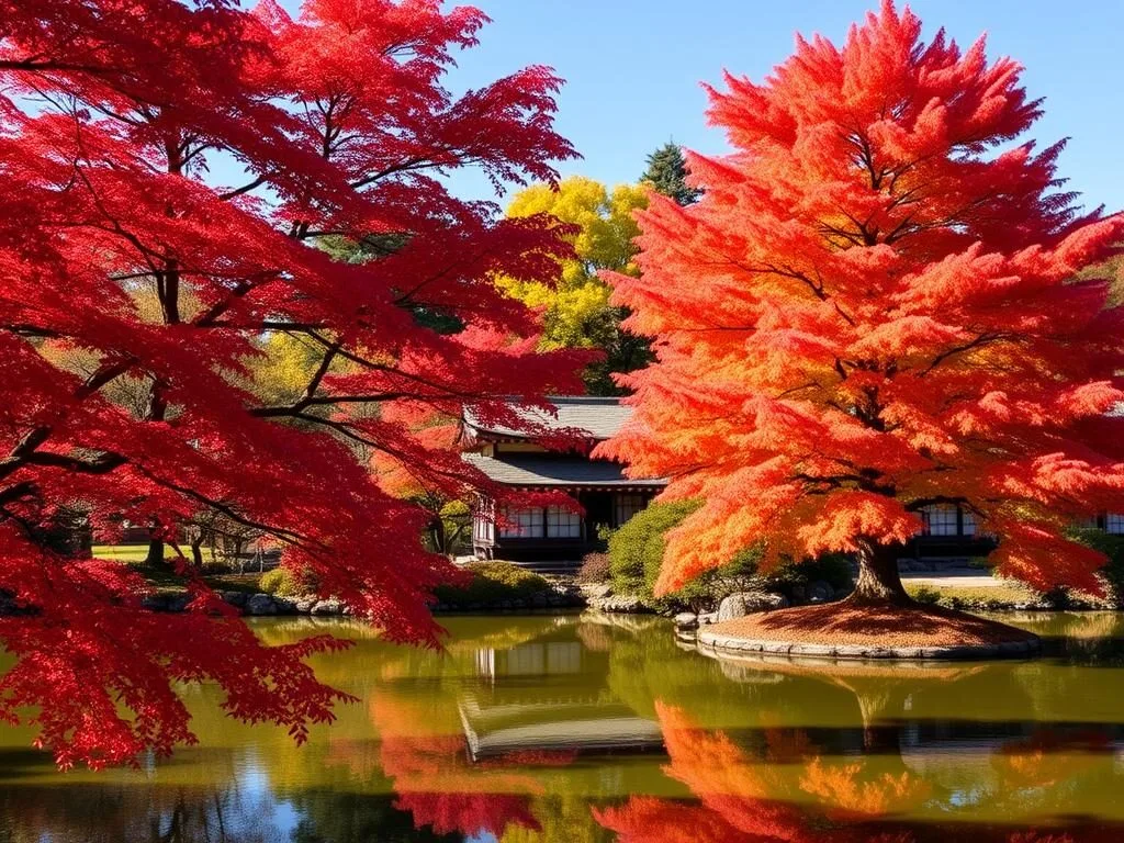 Vibrant autumn foliage at Kenroku-en Garden with red and gold maple trees