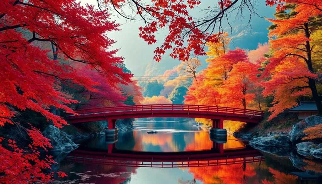 Vibrant autumn foliage surrounding Shinkyo Bridge in Nikko during fall Vibrant autumn foliage surrounding Shinkyo Bridge in Nikko during fall