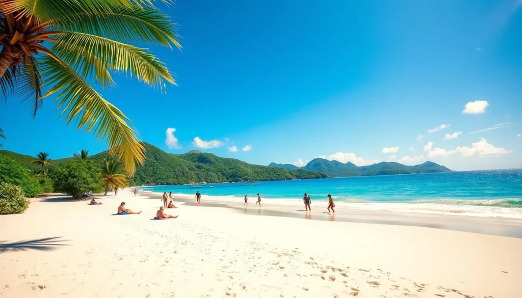 Vibrant azure skies stretch above the lush, verdant landscapes of the U.S. Virgin Islands. Gentle trade winds caress palm fronds, rustling softly. Sunlight dances across the azure waters of the Caribbean, sparkling like diamonds. On the pristine beaches, beachgoers bask in the warmth, their toes sinking into the powdery white sand. In the distance, misty silhouettes of emerald-cloaked hills rise up, creating a picturesque tropical paradise. A wide-angle lens captures this idyllic scene, showcasing the breathtaking beauty of the U.S. Virgin Islands on a perfect weather day.