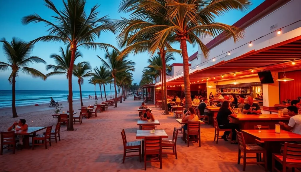Vibrant beach bars on the shoreline of La Pedrera, Uruguay, bathed in warm evening light. Lively outdoor seating areas with wooden tables and chairs, string lights overhead. Locals and tourists sipping cocktails and chatting animatedly. Palm trees swaying gently in the breeze, sand-covered pathways leading to the water's edge. Sleek, modern architecture blending seamlessly with the natural beachfront setting. Capturing the lively nightlife and entertainment scene that comes alive after dark in this coastal town.