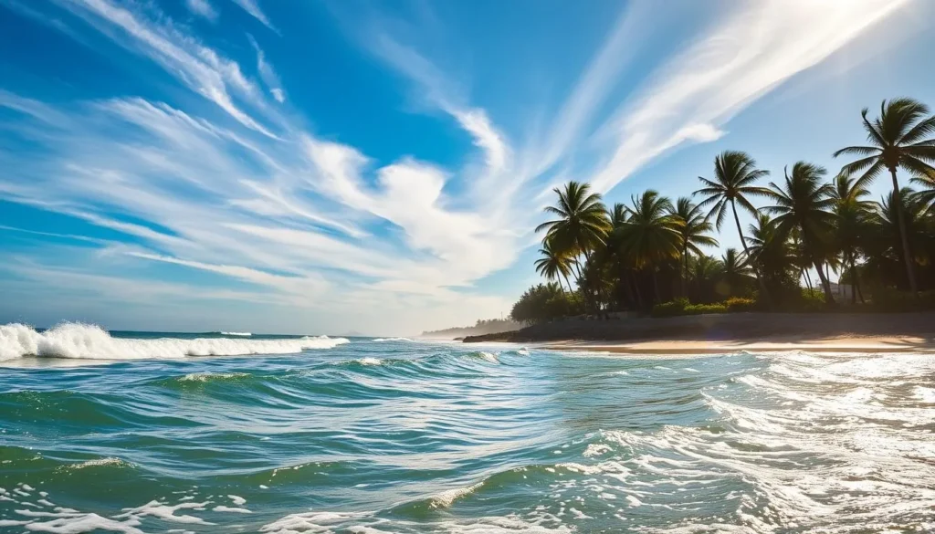 Vibrant cerulean skies, wisps of cirrus clouds drifting lazily overhead. Waves crashing rhythmically against a sun-kissed shore, frothy whitecaps dancing upon the gently swelling sea. Tall, swaying palm trees lining the coastline, their fronds rustling in the warm, steady trade winds. Sunlight glints off the water's surface, creating a shimmering, kaleidoscopic display. A tranquil, idyllic coastal scene, the embodiment of a weather-perfect day in Uruguay.