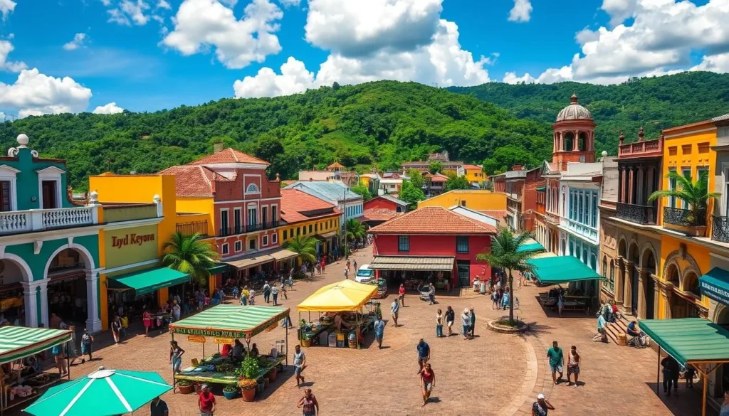 Vibrant cityscape of Cayenne, French Guiana, showcasing its colonial architecture and bustling street life. Capture the lively market square, with vendors selling local produce and handicrafts under the warm, tropical sun. Depict pedestrians exploring the historic city center, navigating the winding cobblestone streets and admiring the colorful facades of the buildings. In the background, introduce the verdant, jungle-clad hills that surround the city, creating a picturesque contrast between the urban and natural elements. Utilize a high-angle perspective to convey a sense of the city's charming, intimate scale. Employ a vibrant, saturated color palette to evoke the vibrant, tropical atmosphere of Cayenne.