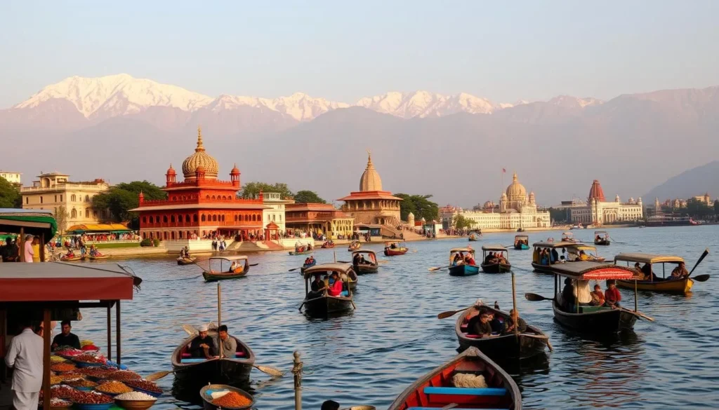Vibrant cityscape of Srinagar, Kashmir, showcasing the serene Dal Lake with traditional Shikara boats, surrounded by the majestic Himalayan mountains. In the foreground, local vendors offer colorful handicrafts and spices, creating a lively bazaar atmosphere. The mid-ground features the iconic Mughal-era architecture of the city, including the Hazratbal Shrine and Shankaracharya Temple, bathed in warm, golden afternoon light. In the background, the snow-capped peaks of the Pir Panjal range provide a stunning natural backdrop, conveying the picturesque and tranquil ambiance of this renowned tourist destination.