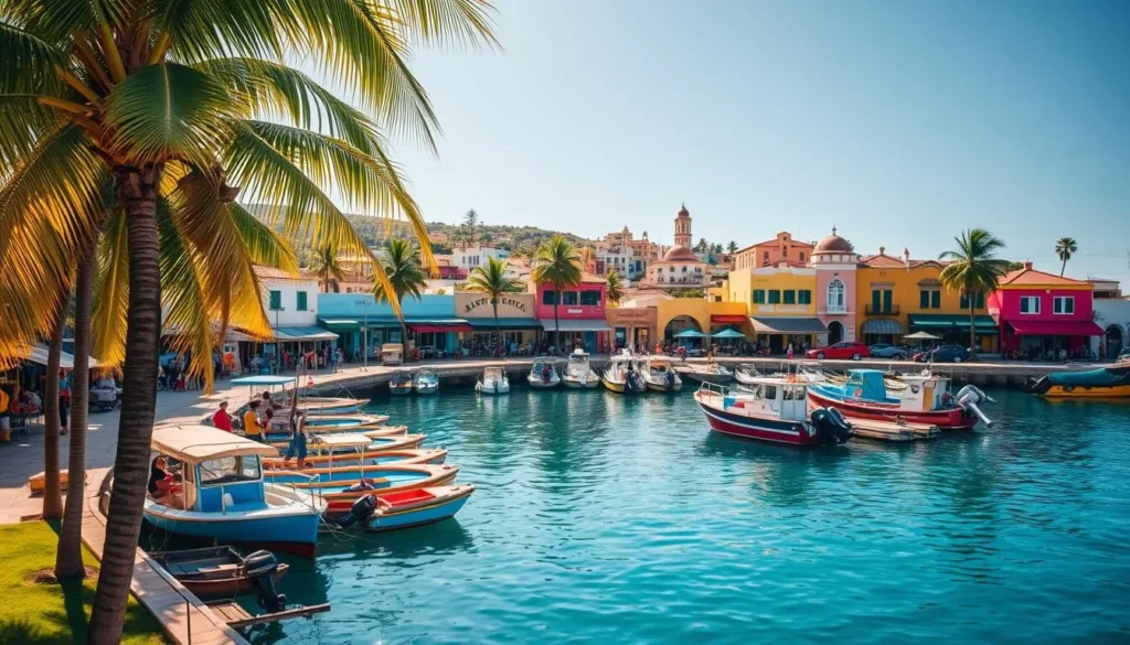 Vibrant coastal landscape of Cabimas, Venezuela, on a sunny day. Picturesque harbor with colorful fishing boats docked, reflecting in the calm azure waters. In the foreground, palm trees sway gently, casting soft shadows. Middle ground features lively street markets, locals selling fresh produce and handcrafted goods. Background showcases the town's distinctive architecture, a mix of colonial and modern buildings. Warm, golden lighting illuminates the scene, creating a welcoming, relaxed atmosphere. Capture the essence of Cabimas' coastal charm and the practical travel tips visitors should keep in mind when exploring this Venezuelan gem.