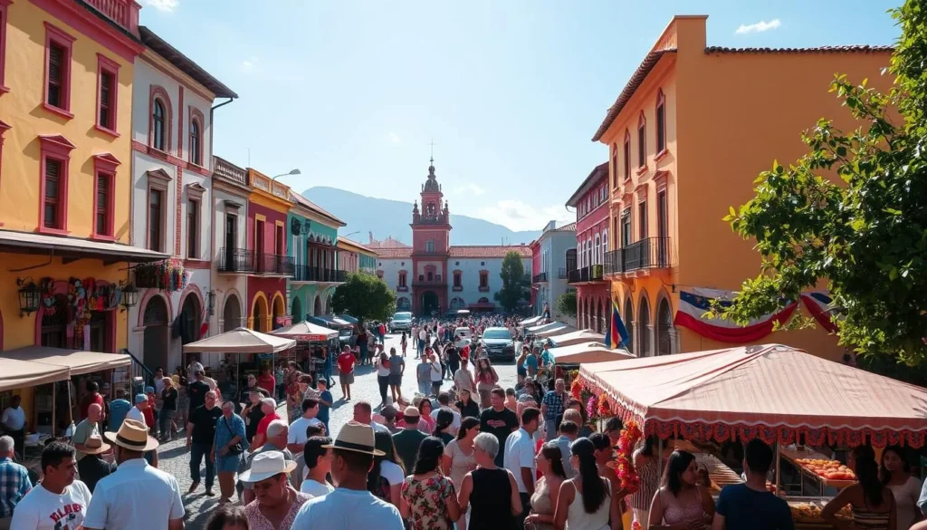 Vibrant cultural experiences in Cabimas, Venezuela. A bustling town square surrounded by colorful colonial architecture, local artisans showcasing their handcrafted wares, and residents gathered to enjoy live music and traditional dance performances. In the foreground, a lively festival with festive decorations, vendors selling regional delicacies, and people of all ages immersed in the celebratory atmosphere. The warm afternoon sunlight filters through, casting a golden glow over the scene. Capture the rich heritage, community spirit, and joie de vivre that define the cultural heart of Cabimas.