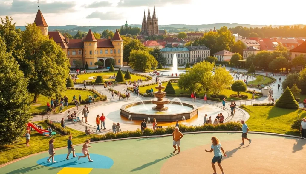 Vibrant family-friendly attractions in Brandys nad Labem-Stara Boleslav, Czechia. A lush, verdant park with a castle-like palace, surrounded by families exploring picturesque trails and enjoying interactive water features. In the foreground, children play on a colorful playground, their laughter filling the air. The middle ground showcases an ornate fountain, with people milling about, taking in the serene atmosphere. In the background, the historic town center and spires of St. Wenceslaus Cathedral rise, creating a charming, timeless scene. Warm, golden afternoon light bathes the entire setting, evoking a sense of joy and wonder.