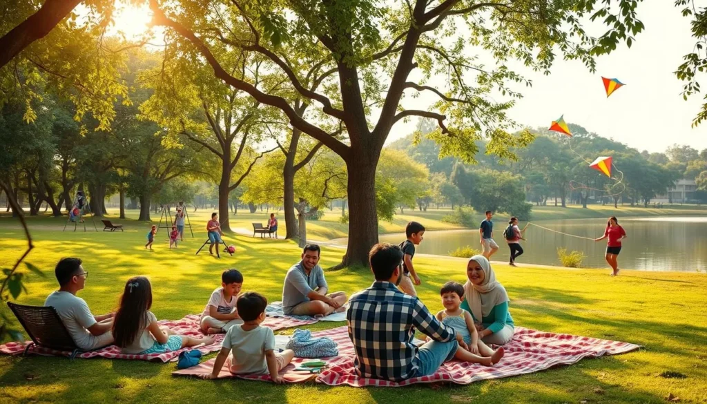 Vibrant family picnic in a lush Ghaziabad park, with children playing on swings and slides, parents lounging on blankets, and a scenic backdrop of verdant trees and a serene lake. Warm afternoon sunlight filters through the leaves, casting a golden glow on the scene. A group of friends fly colorful kites in the gentle breeze, their laughter and delight filling the air. Nearby, a family enjoys a leisurely game of frisbee, their smiles and camaraderie radiating joy. The overall atmosphere is one of peaceful recreation and quality time spent together in a beautiful natural setting.