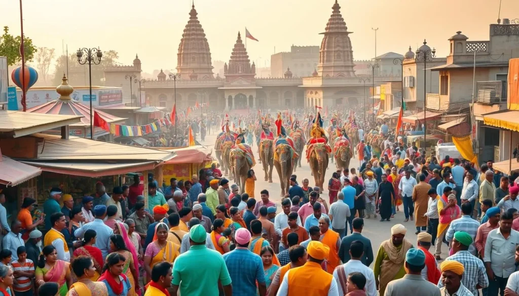 Vibrant festival scene in Akola, Maharashtra. A bustling town square filled with colorful stalls, music, and lively crowds. In the foreground, vendors sell traditional handicrafts, spices, and local delicacies. Bright saris and turbans worn by the people add to the festive atmosphere. In the middle ground, a procession of ornately decorated elephants and camels parade through the streets, accompanied by energetic dancers and drummers. The background features ancient temples and historic buildings, bathed in warm, golden sunlight. The overall mood is one of joyous celebration, showcasing the rich cultural heritage of Akola.